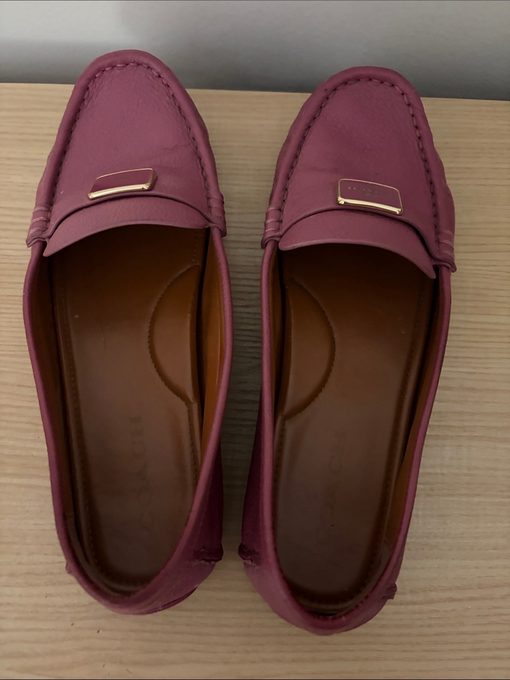 COACH Magenta Leather Penny Loafers with Gold Plaque - Picture 6 of 7